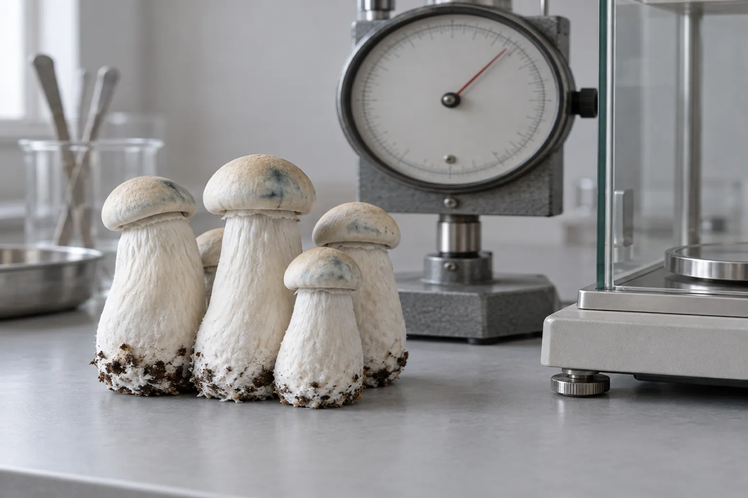 Pale, thick-stemmed cultivated mushrooms on a laboratory bench next to a dial gauge and a balance